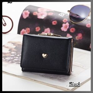 【ブラック】 ミニ財布 三つ折り がま口 かわいい 可愛い コンパクト ミニマリスト ミニウォレット 財布