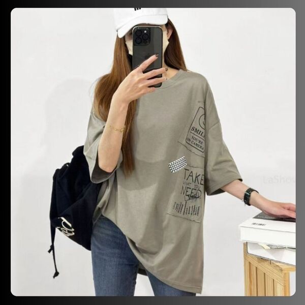 【カーキ】オーバーサイズ ミディアムロング丈 半袖 ラウンドネック Tシャツ ゆったり おしゃれ FREE