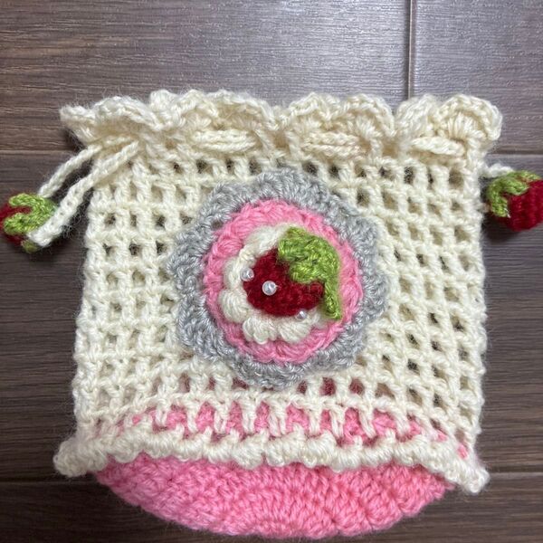 いちご 巾着 ハンドメイド ポーチ かぎ針 編み物 モチーフつなぎ