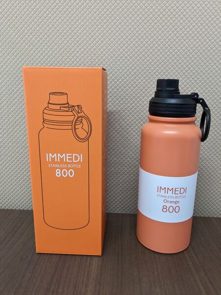 800ml ステンレスボトル 保温 保冷 IMMEDI BOTTLE オレンジ 氷が入れやすい 広口 直飲み 取っ手付き 水筒