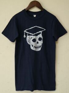 1970s ” Skull Graduation Hat ” ビンテージ カレッジ プリント Ｔシャツ 紺 US- S // スカル アンド ボーンズ 秘密結社 フリーメイソン