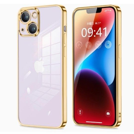 iPhone14 Plus ケース クリア カメラ保護 スマホケース 薄型 TPU 衝撃吸収 ストラップホール付き(ゴールド)