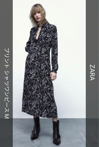 ZARA ザラ フラワープリント シャツワンピース ブラック Mサイズ