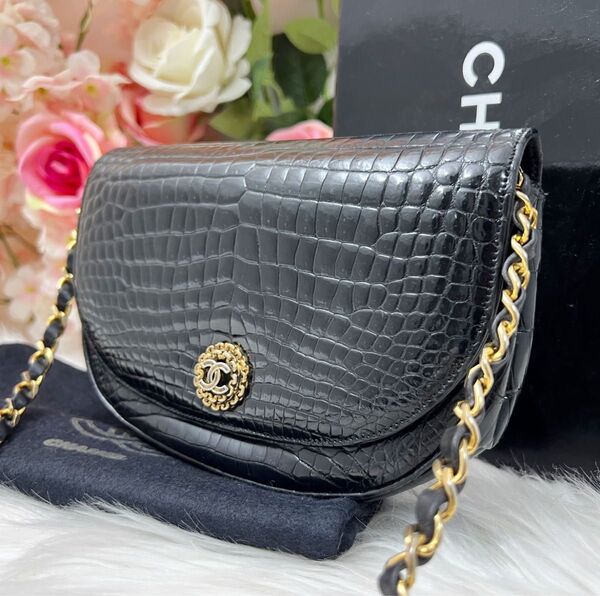 シャネル CHANEL クロコ ハーフムーン チェーンショルダーバッグ ブラック