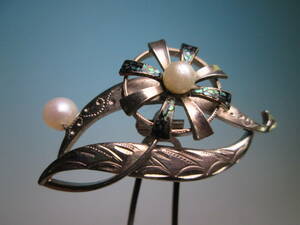 【江月】アンティーク・彫金 螺鈿細工花車真珠飾りのかんざし 7,04g ケース付