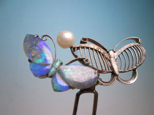 [. month ] antique * three . engraving opal &book@ pearl decoration butterfly ... ornamental hairpin 7,15g also case attaching 