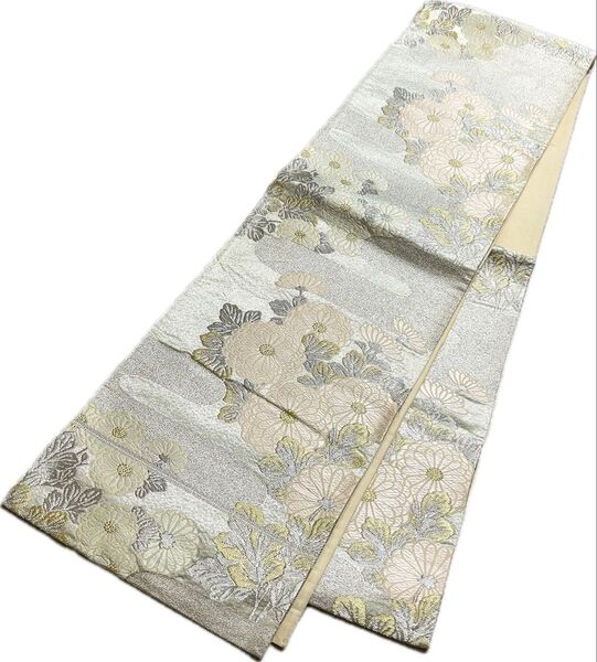 【F7144】袋帯 六通柄 シルバー ピンク 422cm 花 エ霞 訪問着などに