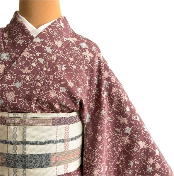 【B0205】着物 小紋 袷 紫 正絹 単品販売 対象身長~152㎝