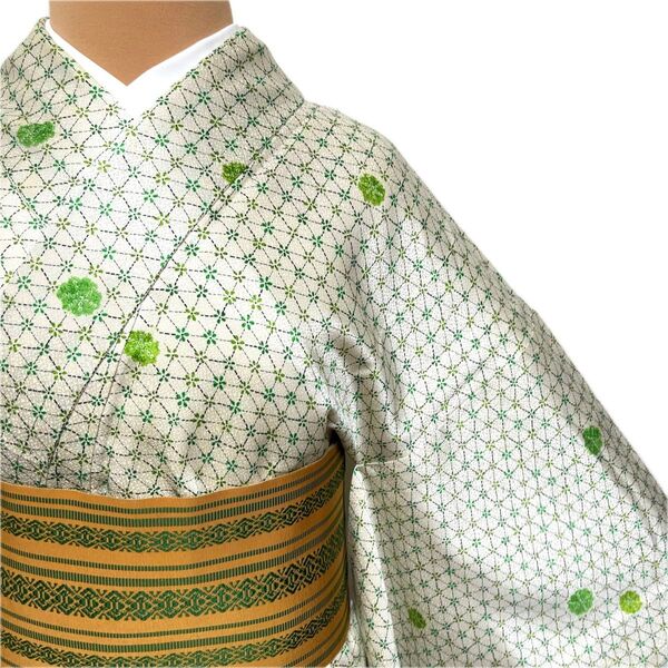 【A0158】着物 小紋 袷 白 緑 正絹 対象身長~158㎝ 単品販売