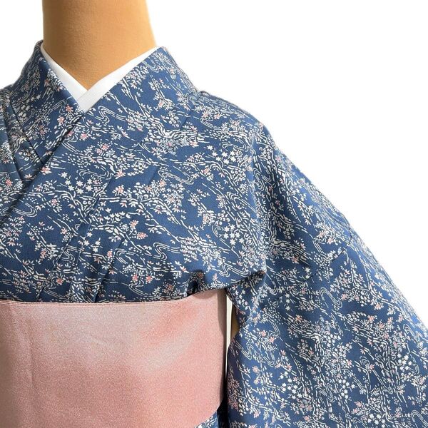 【B0219】着物 小紋 袷 正絹 くすみのブルー 草木文様 自然文様