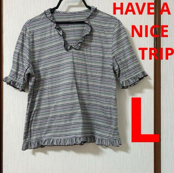 HAVE A NICE TRIP ハヴァナイス トリップ 半袖ボーダー柄 カットソー ブラウス 綿100%. 日本製 L