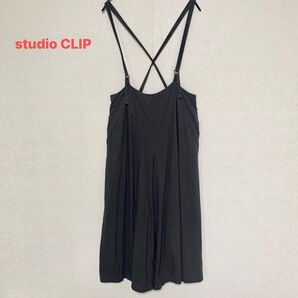 studio CLIP 麻60% クロスバック サロペット チャコールグレー L