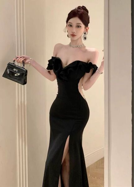 キャバドレス オフショルダー フリル セクシー ナイトクラブ パーティー ロング丈 黒 sexy