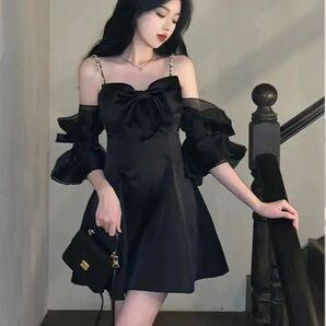 新品 オフショルダー ワンピース セクシー ホルターネック 光沢感 リボン チュール ワンピース