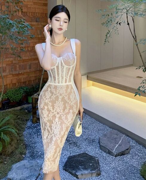 レースキャミロングドレス タイト セクシー 綺麗めワンピ クラブ パーティー ナイトウェア ワンピース セクシー