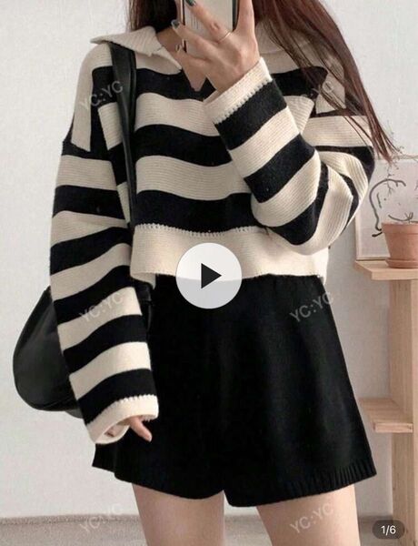 SHEIN ドロップショルダークロップドセーター ボーダー柄 長袖トップス