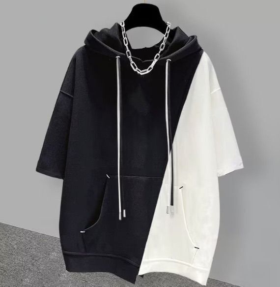 【sale】半袖 パーカー XL ブラックxホワイト 斜め 韓国 カジュアル