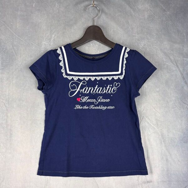 c50【メゾピアノ】【人気】【子供服】【おしゃれ】mezzopiano Tシャツ トップス ネイビー 半袖 クルーネック