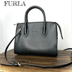 超美品★ FURLA フルラ サッチェル ピン S ショルダーバッグ 黒 ブラック レザー 2way ハンドバッグ 小ぶり ミニ