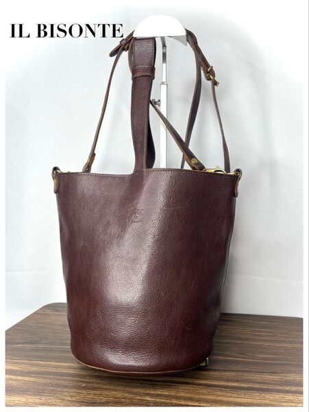 美品☆ IL BISONTE イルビゾンテ バケツ型 2way ショルダーバッグ 茶 ブラウン 本革レザー ハンドバッグ イタリア