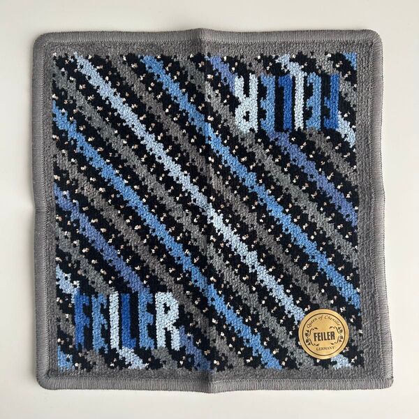 新品 フェイラー FEILER シェニール織 タオルハンカチ ハンドタオル ロゴ ブルー グレー 幾何学