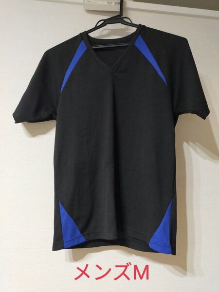 メンズM VネックTシャツ 黒×青ライン メッシュ素材 ブラック 訳あり