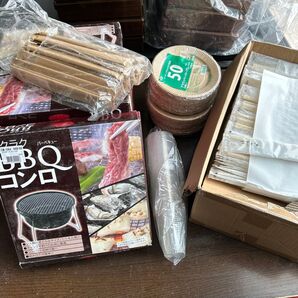 BBQコンロセット まとめ売り 新品未使用 コンロ5個 ペーパープレート300枚 箸約200個 プラコップ約30個