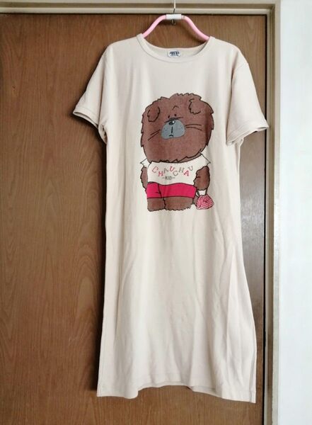 レディース Tシャツ ワンピース ロングワンピース 半袖 カットソー ベージュ クマさん柄