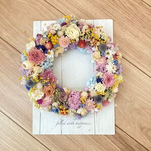 ★母の日特価★ ミモザと春のお花いっぱい カラフル ドライフラワーリース 母の日 インテリア