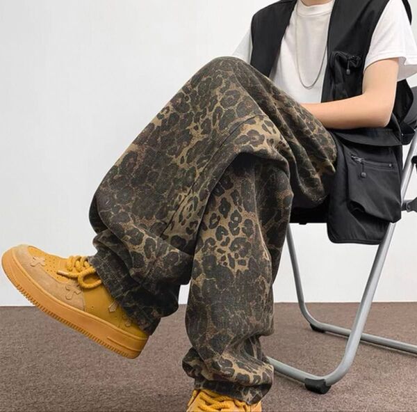 ヒョウ柄 レオパード ワークパンツ ゆるだぼ ワイドシルエット ストリート 豹 体型カバー レトロ 韓国