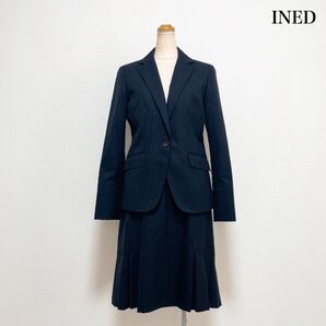 INED イネド シルク混スカートスーツ ネイビー ストライプ 日本製 仕事 セレモニー 式典 入学式 入園式 卒業式 卒園式