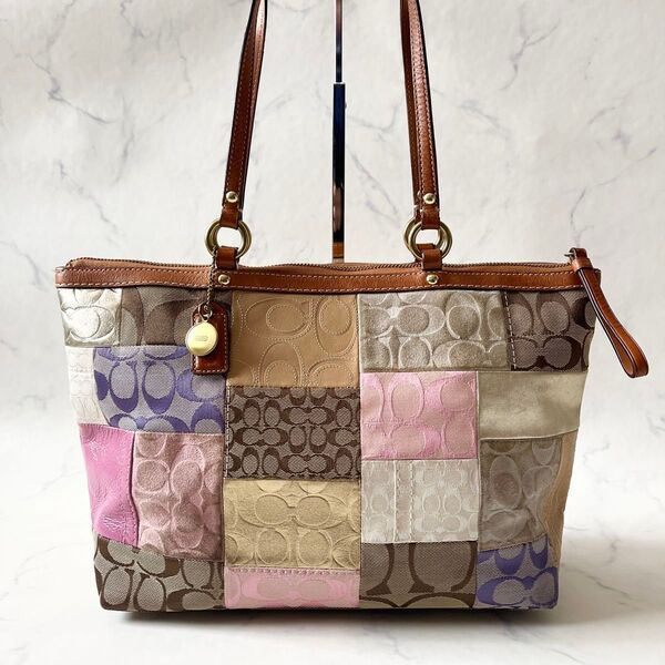 【良品】COACH コーチ トートバッグ パッチワーク スウェード スエード レザー 本革 キャンバス マルチカラー