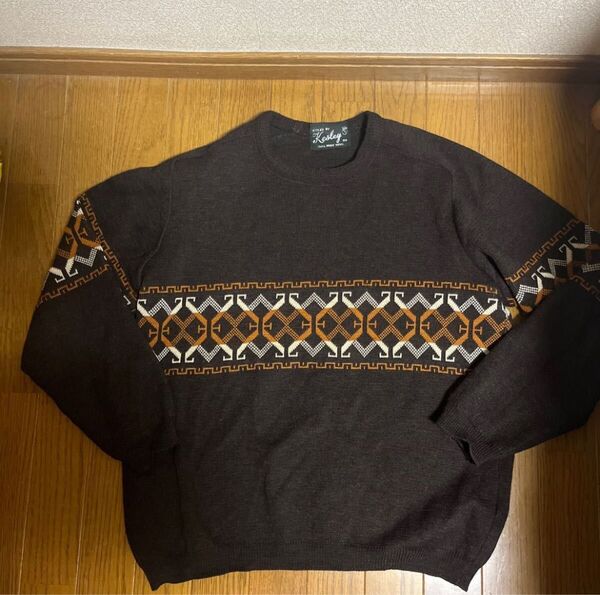 古着 セーター ニット 長袖ニット クルーネック 民族柄 ウール素材 短丈ニット 薄手ニット