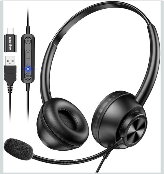ヘッドセット マイク付き USB-A/USB-C対応 270度回転 両耳