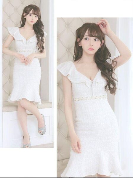 Tika バストジップ フリル ホワイト ツイード 膝丈 ドレス(L)