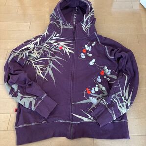 笹と瓢箪 カエルの刺繍模様がおしゃれな紫色パーカー 和風 古着 XL