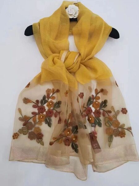 ストール 花柄 おしゃれ 薄手刺繍 黄色 スカーフ 紫外線対策 ショール 結婚式 シルク ウール パール 70×185