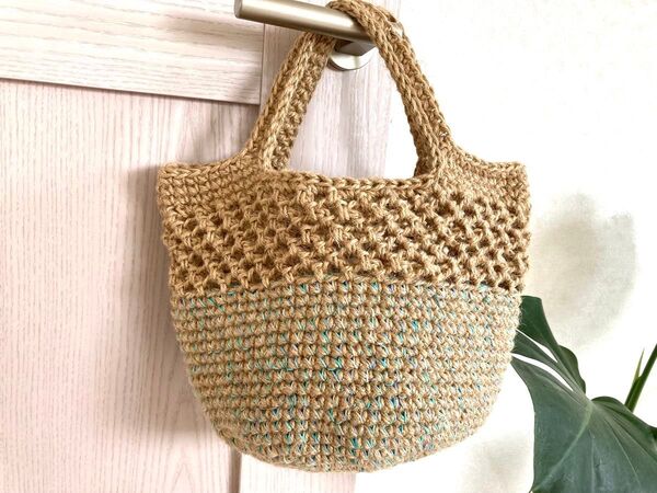 ネット編み模様入 引き揃え麻紐バッグ3 ハンドメイド