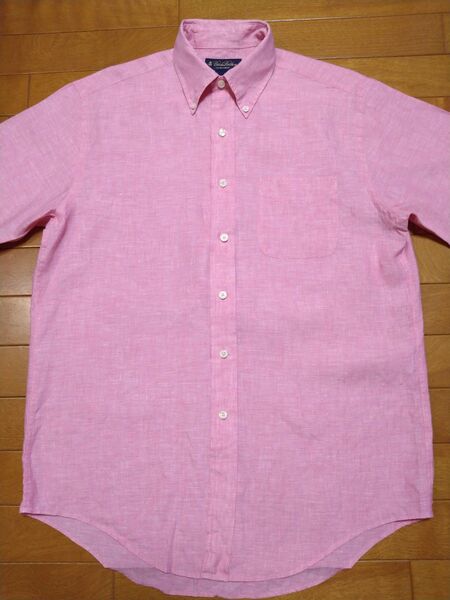 ブルックスブラザーズ Brooks Brothers 半袖ボタンダウンシャツ 薄赤色 リネン100% M