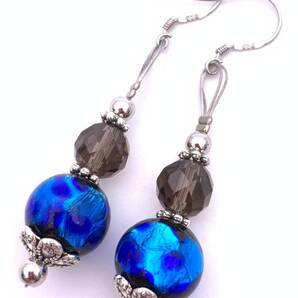 天然石スモーキークォーツ&ホタルガラスのピアス