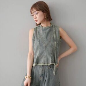 【¥7500→¥6999】 デニム ノースリーブトップス ワイドパンツ セットアップ ブルー 大人 夏 M リュミエ