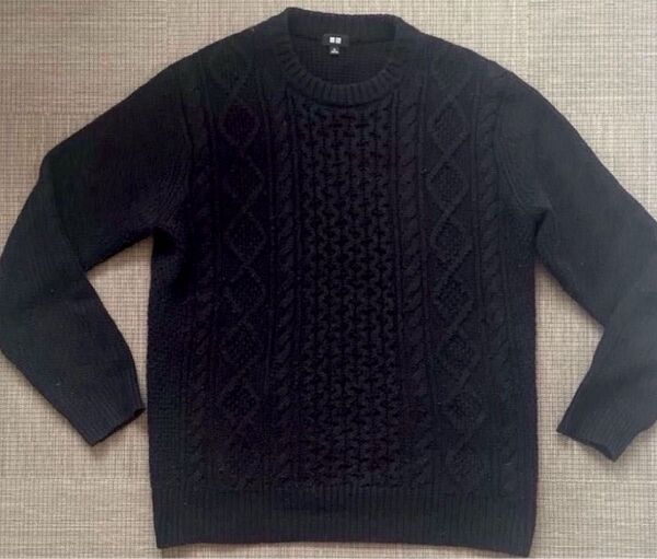 ◆UNIQLO ケーブルクルーネックセーター 黒 ブラック ニット XL