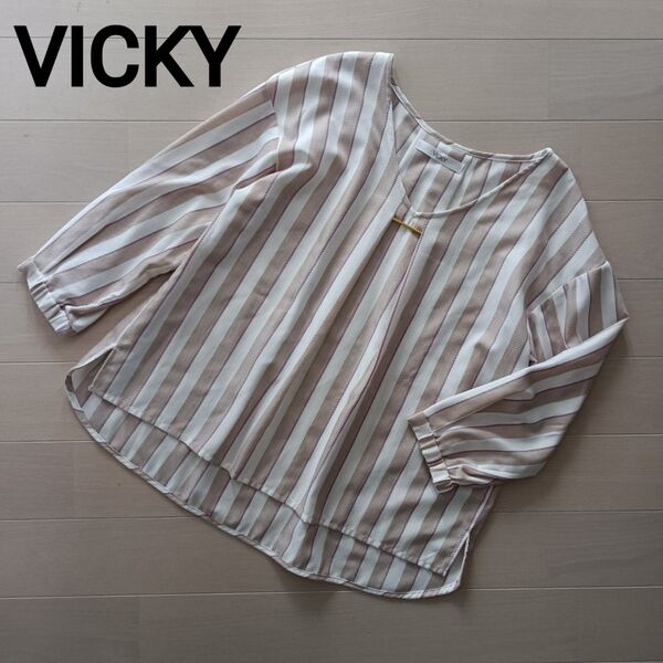 1941 VICKY ビッキー ストライプ ブラウス カットソー オフィスカジュアル ピンク ベージュ size2