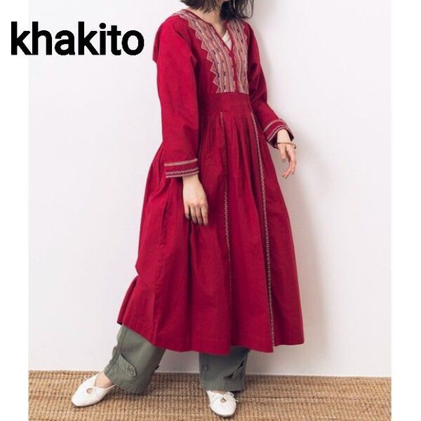 1932 khakito カーキト 綿100% 無地 シーチング 刺しゅう キーネック ワンピース ロングワンピース