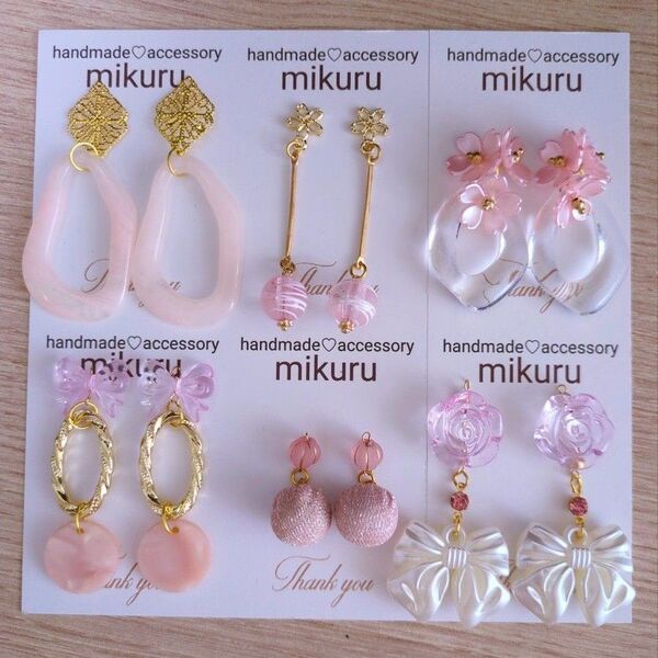 春 大人かわいい ピンク系 ハンドメイドピアス 6点セット 金属ピアス 樹脂ピアス まとめ売り 人気 1点あたり140円 入替おk