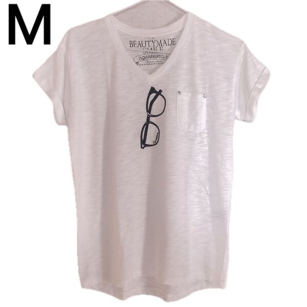 メガネ プリント Vネック Tシャツ