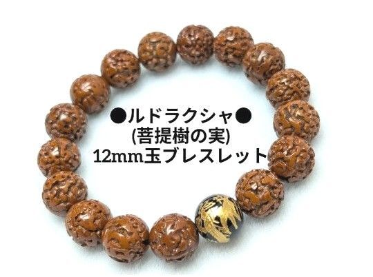 №1629 ルドラクシャ(菩提樹の実)12mm玉ブレスレット オニキス彫刻五本爪龍神1P入り