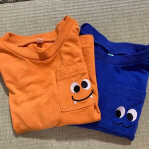 子供服 Tシャツ 2枚セット オレンジ&青 モンスター刺繍 長袖です。