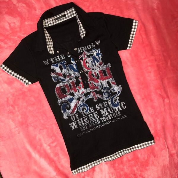 ブラック×ギンガムチェック 英字ロゴプリント ポロシャツ風カットソー 美品