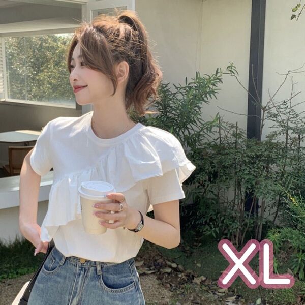 レディースTシャツ フリル 斜めがけ ラウンドネック 無地 シンプル おしゃれ 半袖Tシャツ 夏服 シンプル かわいい